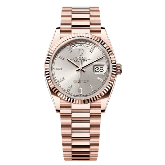 Day-Date 128235 Rose Gold Plated Silver Diamond Baguette Dial