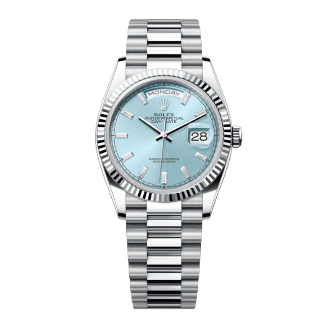 Day-Date 128236 Platinum Plated Ice Blue Diamond Baguette Dial