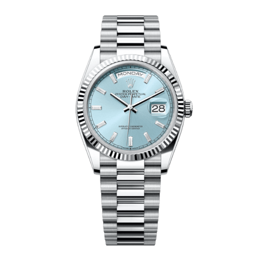 Day-Date 128236 Platinum Plated Ice Blue Diamond Baguette Dial